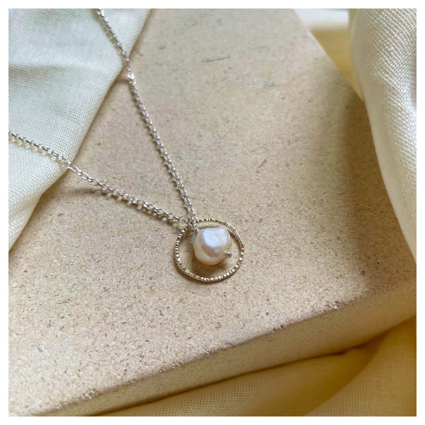 Mini 9ct Yellow Gold Hammered Circle, Sterling Silver and Fresh Water Pearl Necklace.