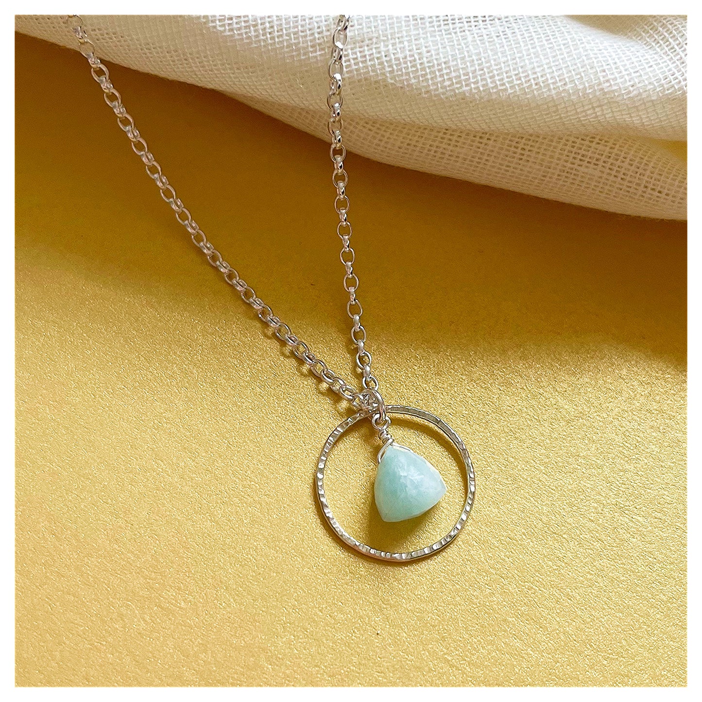 Mini 9ct Yellow Gold and Sterling Silver Hammered Circle and Green Amazonite Trilliant Broilette Necklace.