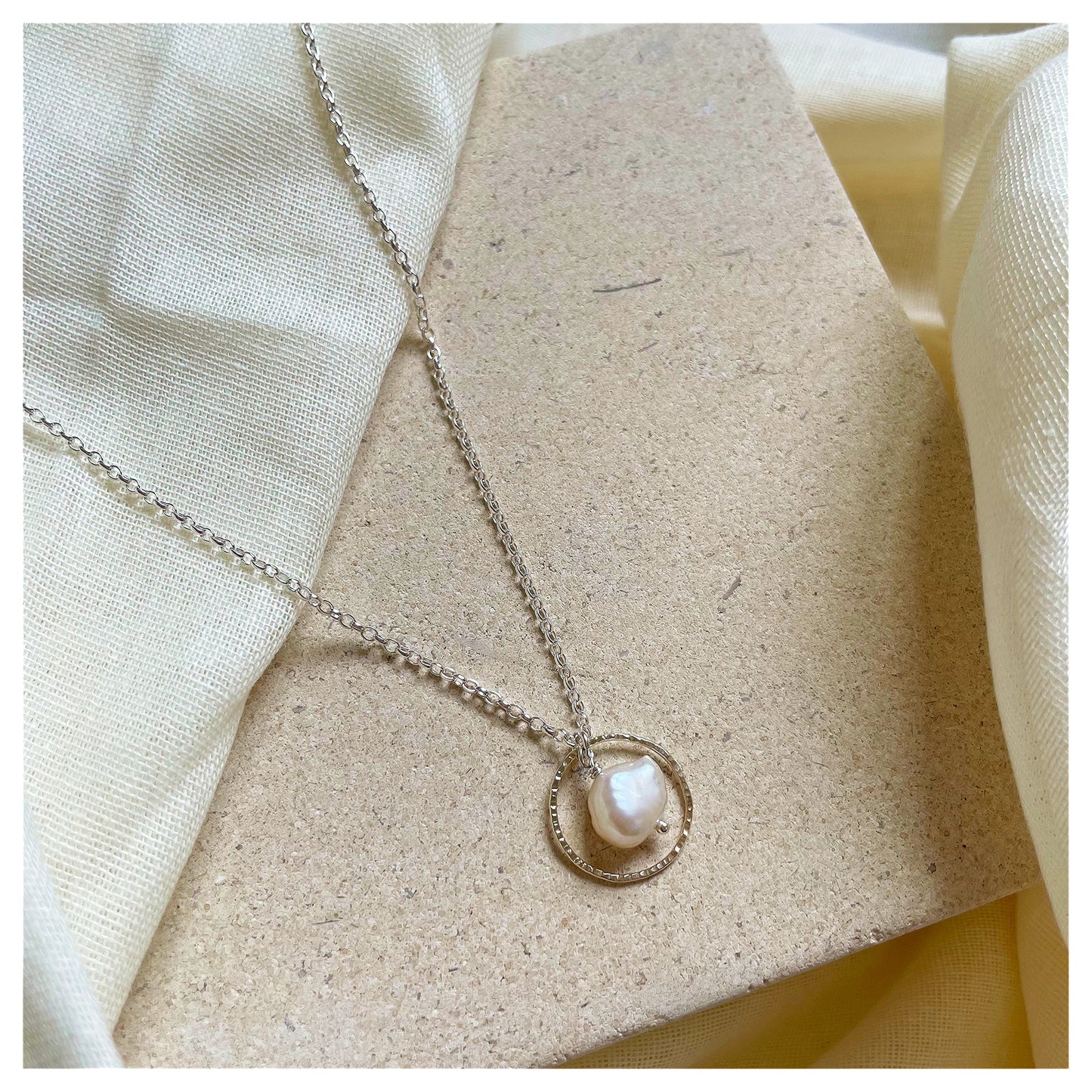 Mini 9ct Yellow Gold Hammered Circle, Sterling Silver and Fresh Water Pearl Necklace.