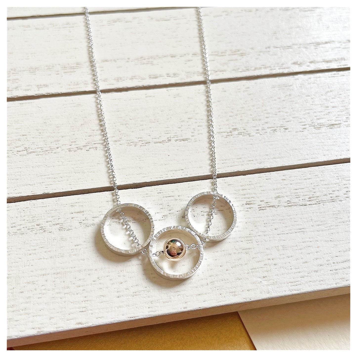 9ct Yellow Gold and Sterling Silver Mini Triple Circle and Bead Necklace