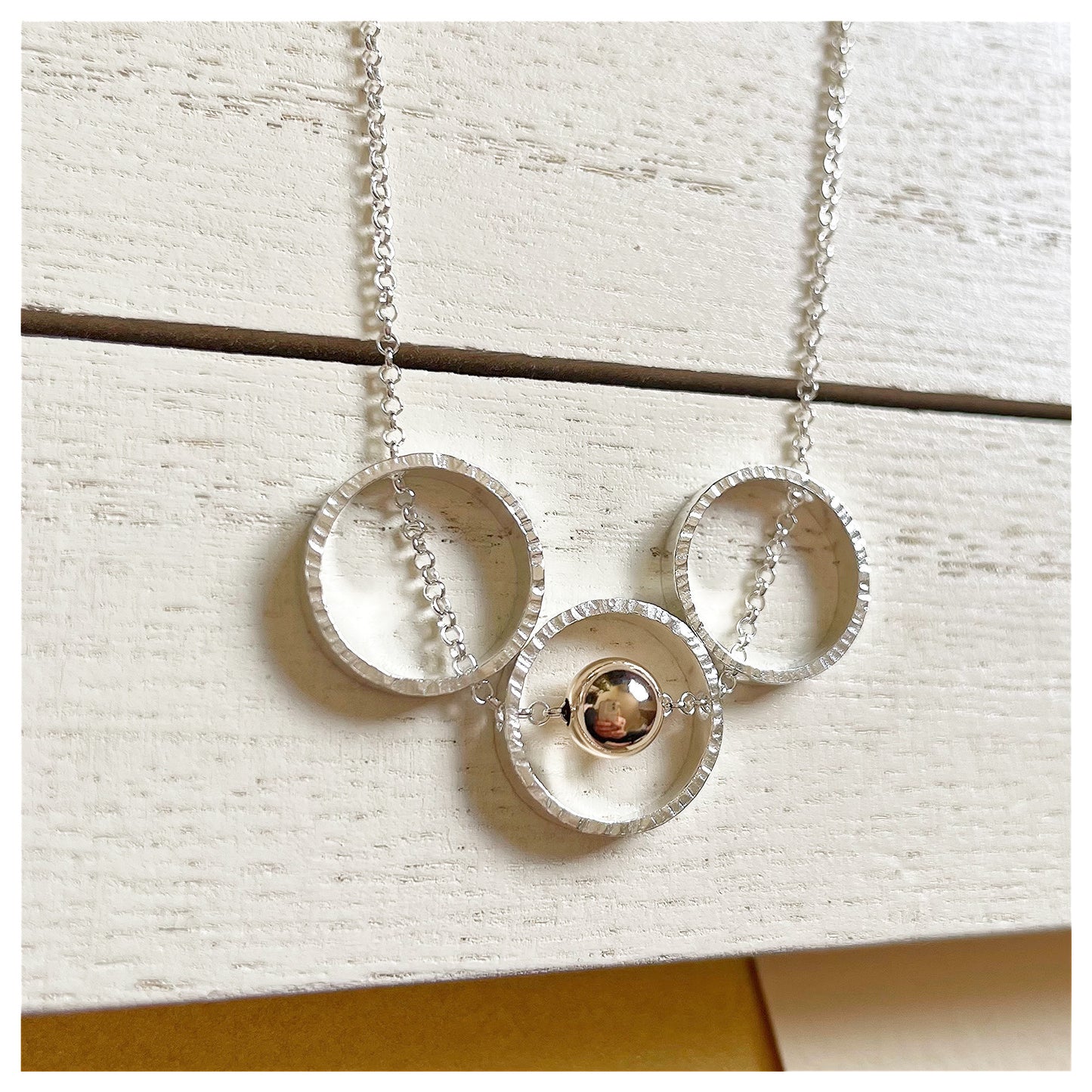 9ct Yellow Gold and Sterling Silver Mini Triple Circle and Bead Necklace