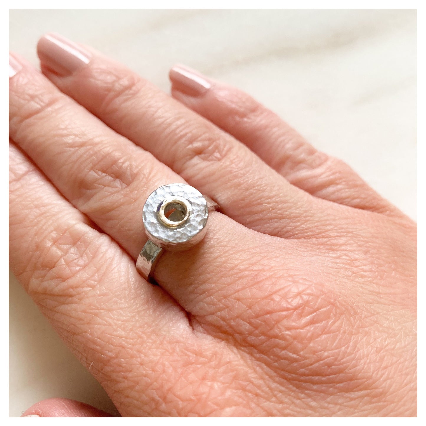Sterling Silver Hammered Donut Ring With a 9ct yellow Gold Halo