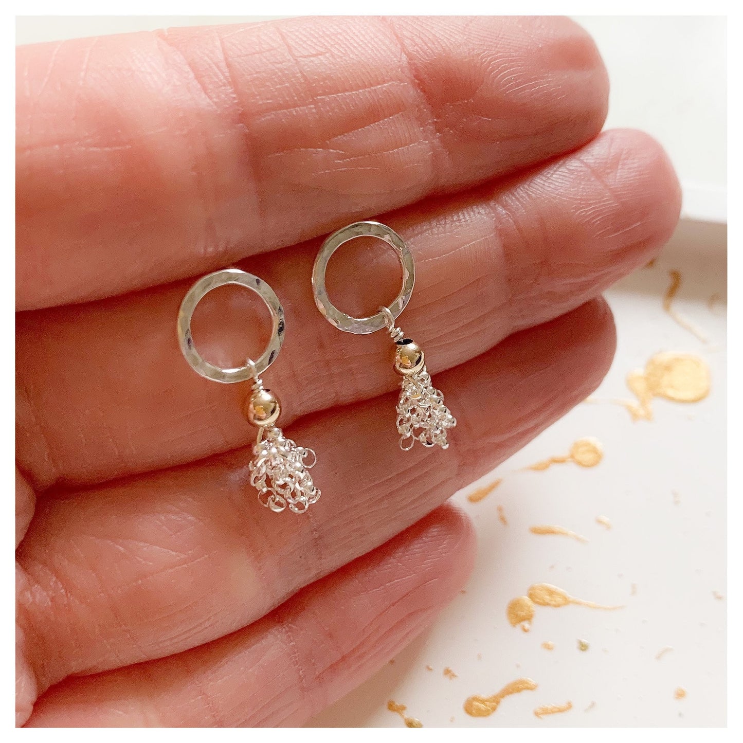 Sterling Silver and 9ct Yellow Gold Hammered Link and Tassel Drop Earrings