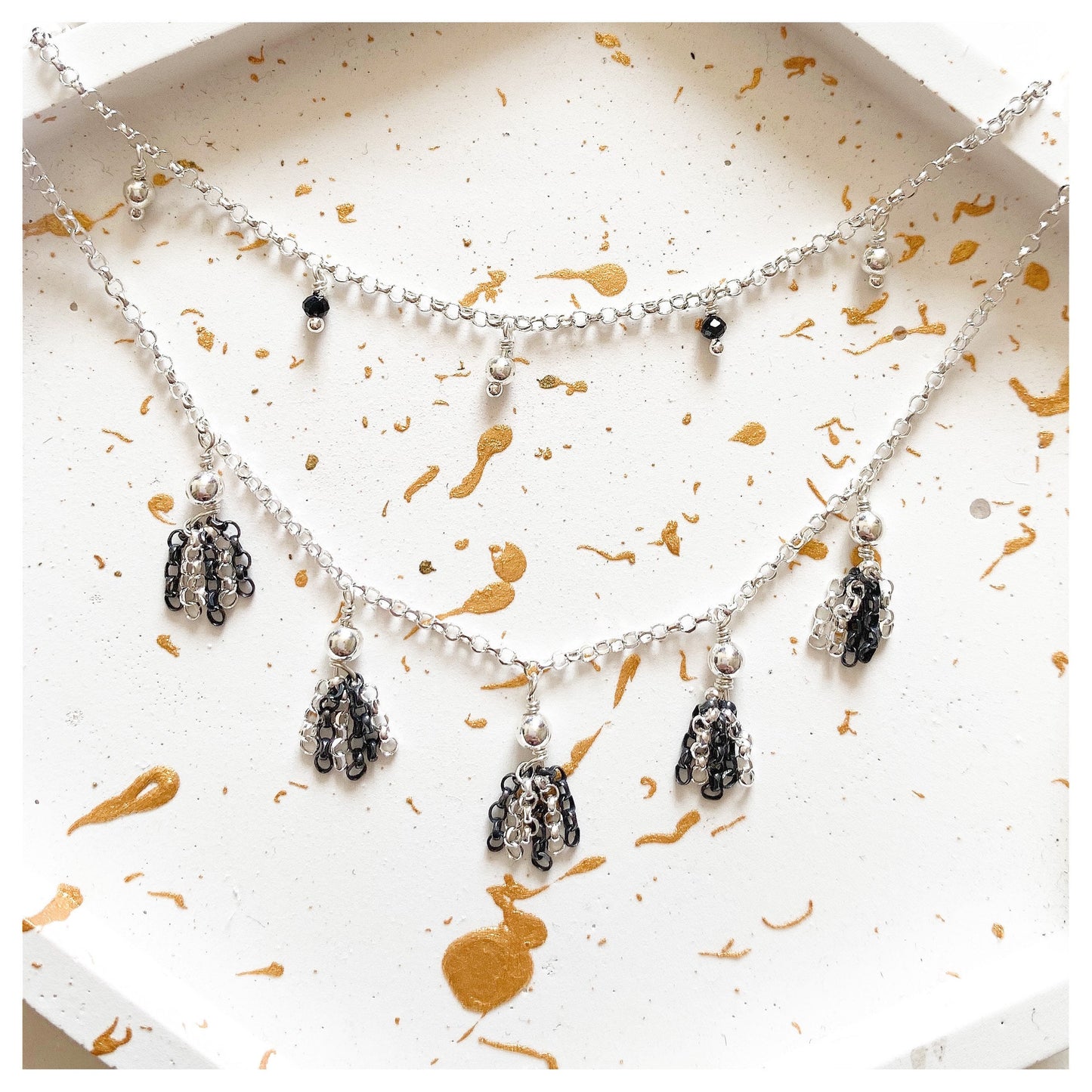 Sterling Silver and Black Spinel Oxidised Tassel Multi Layer Necklace.