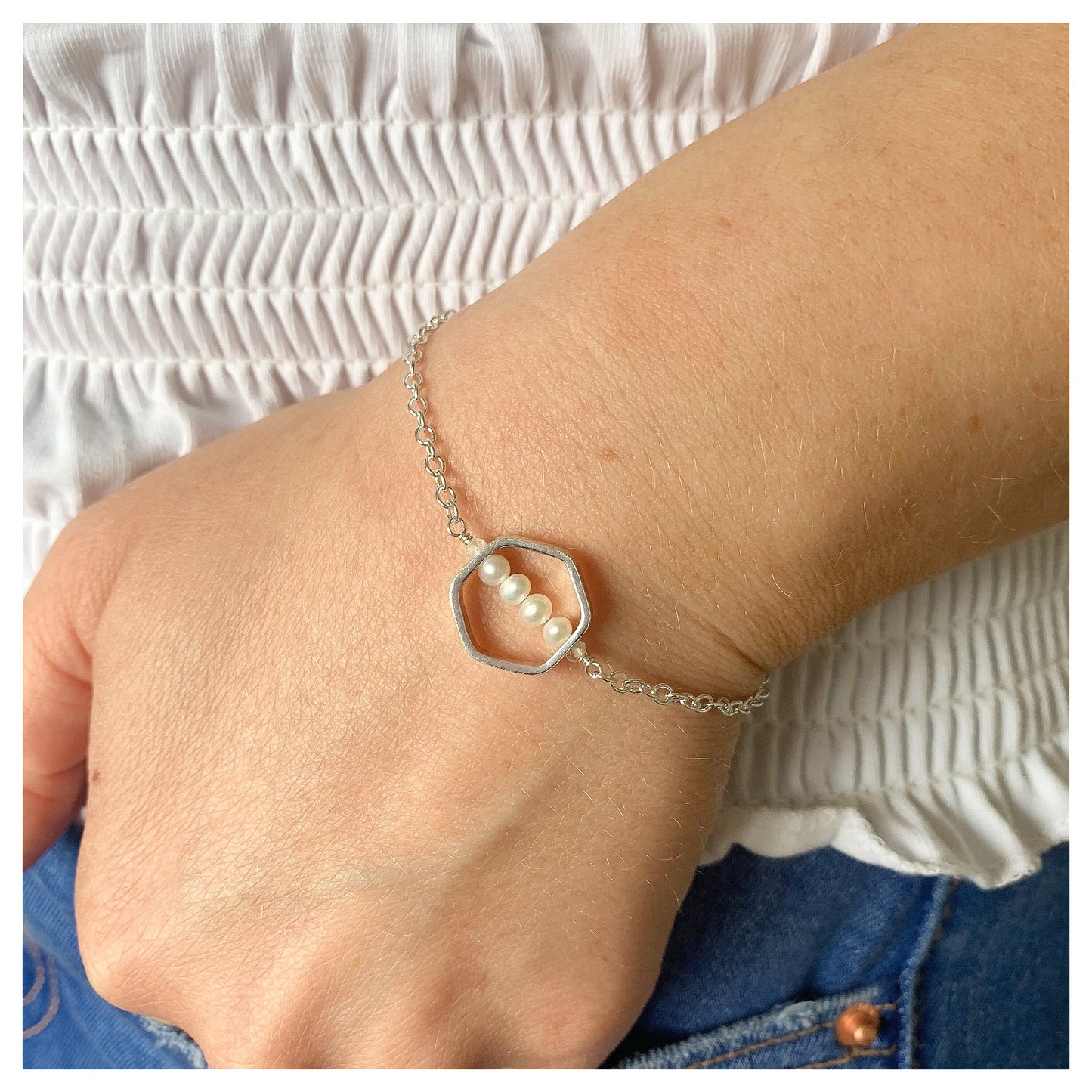 Sterling Silver, Freshwater Pearl and Moonstone Textured Hexagonal Bracelet.
