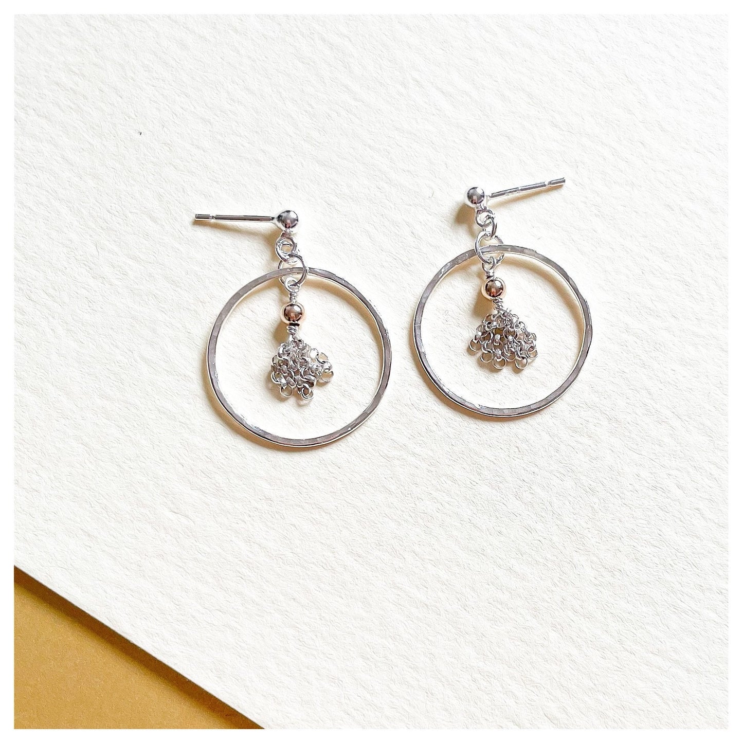 Sterling Silver and 9ct Gold Hammered Circle, Small Tassel Drop Stud earrings.