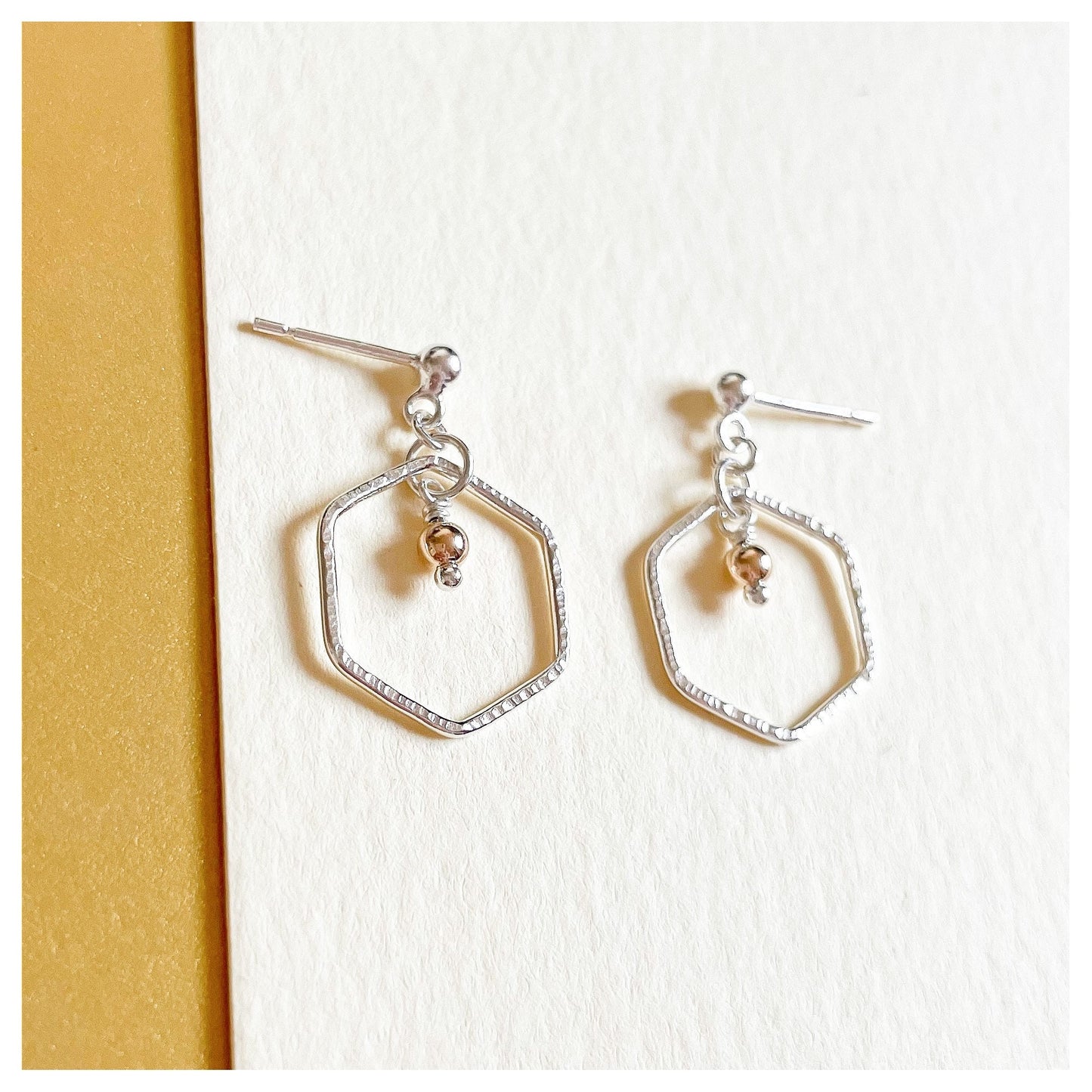 Sterling Silver Hammered Hexagon and Gold Bead Stud Earrings