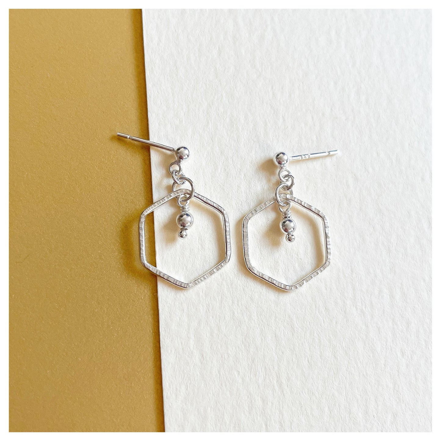 Sterling Silver Hammered Hexagon and Silver Bead Earrings