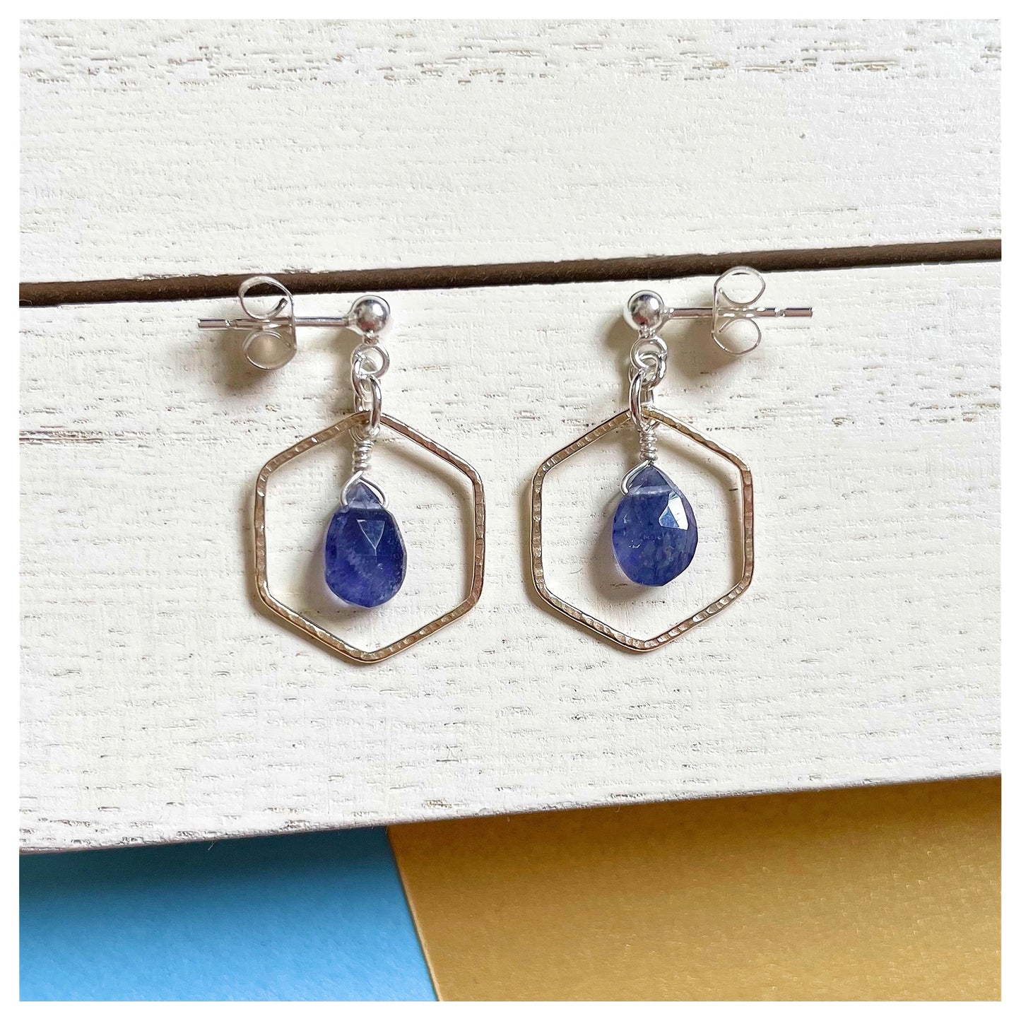 Mini 9ct Yellow Gold, Sterling Silver and Iolite Hammered Hexagon Drop earrings.
