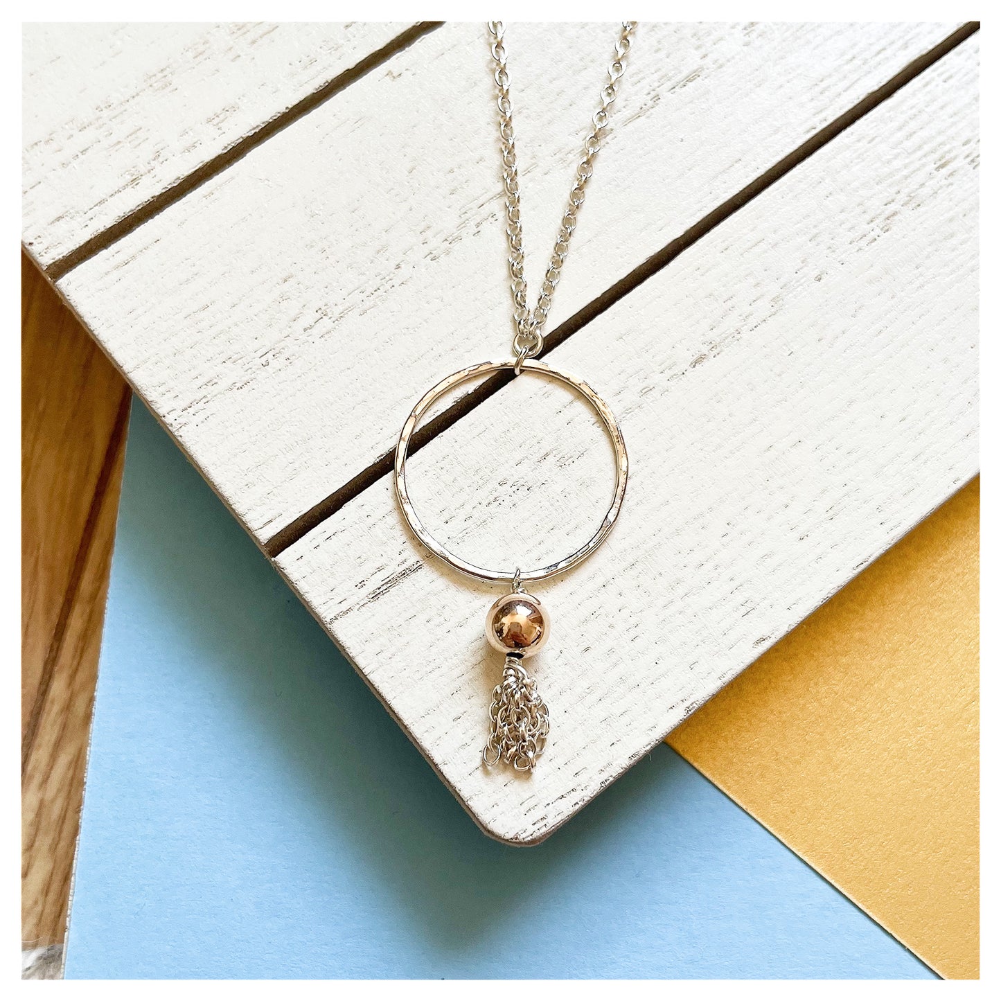 Sterling Silver Single Hammered Circle with large 9ct Yellow Gold Tassel Pendant Necklace.