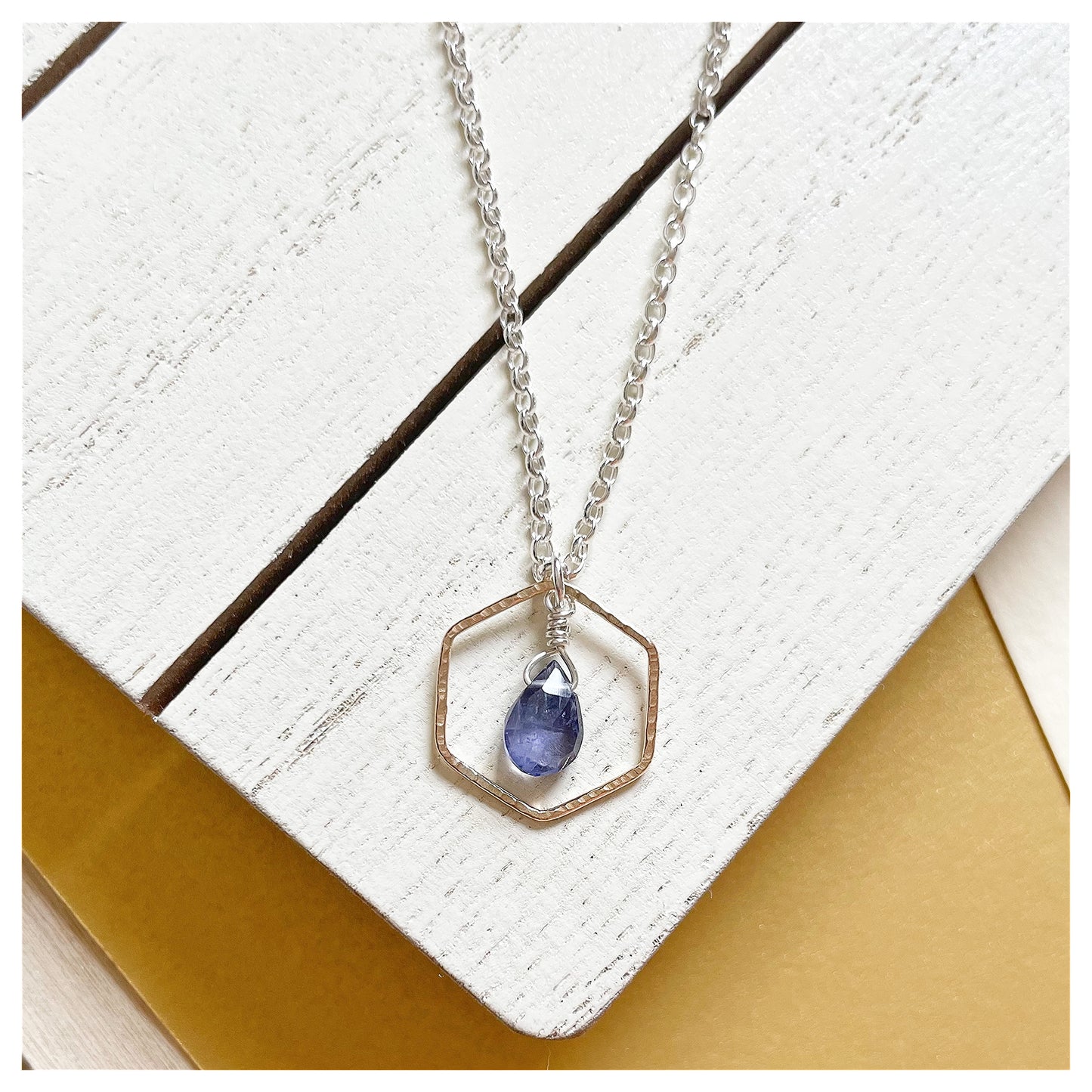 Mini 9ct Yellow Gold Hammered Hexagon, Sterling Silver and Iolite Briolette Necklace