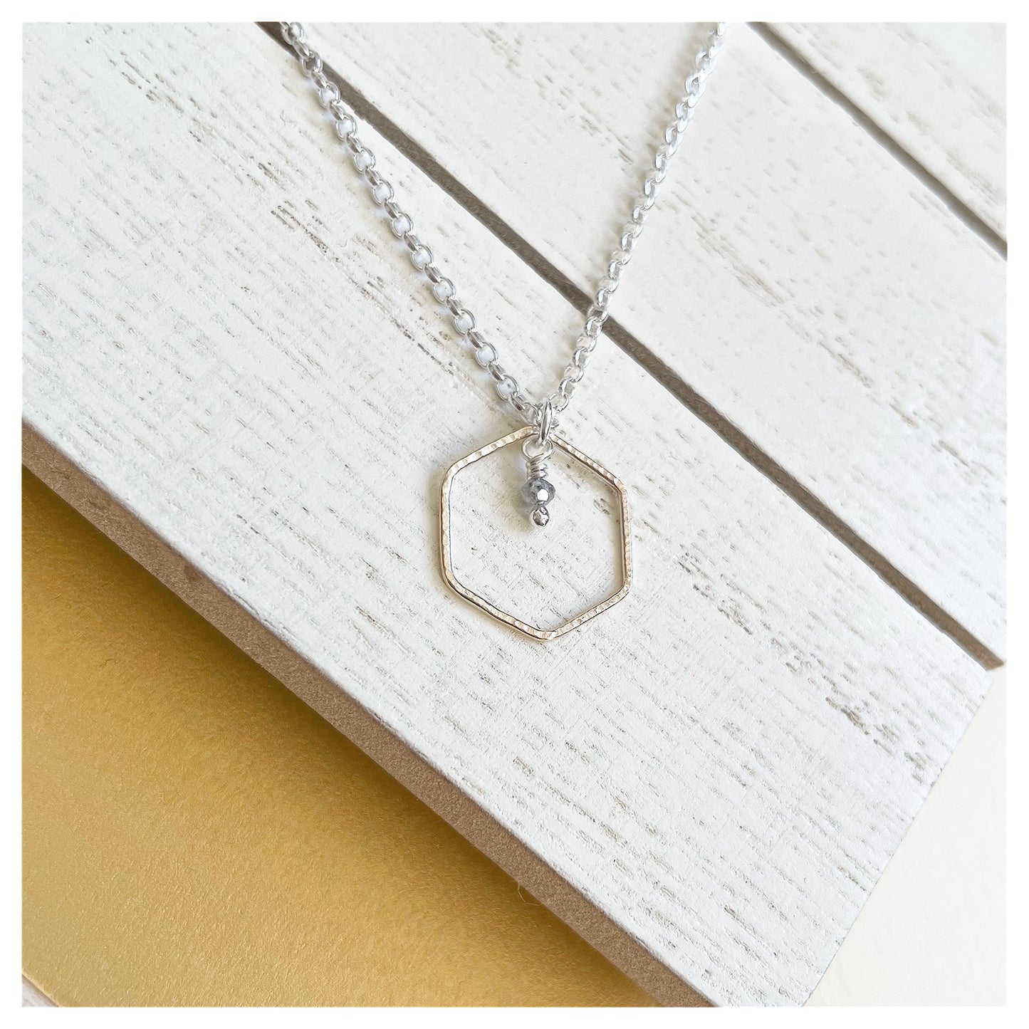 Mini 9ct Yellow Gold Hammered Hexagon, Sterling Silver and  Dark Grey Diamond Bead Necklace.
