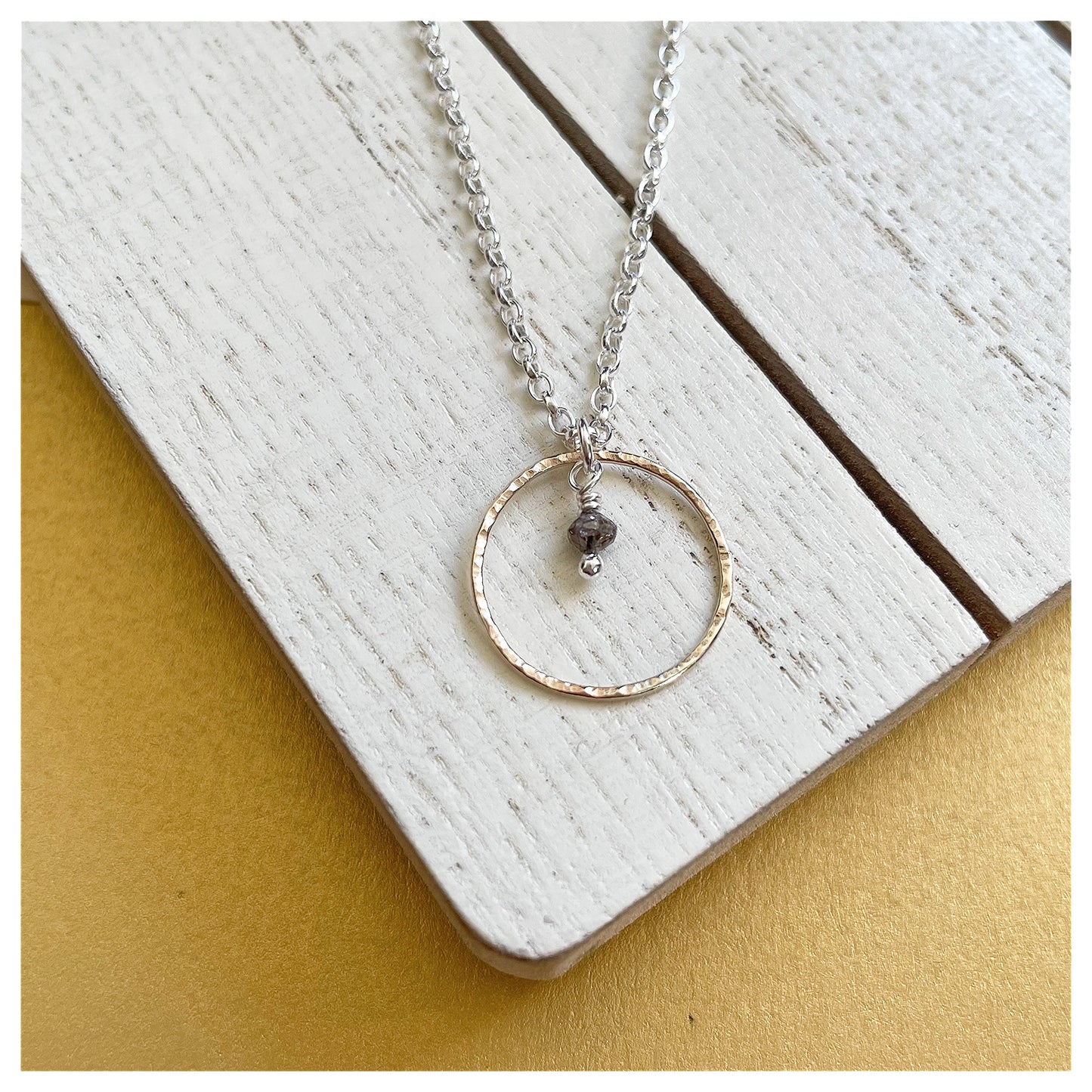 Mini 9ct Yellow Gold Hammered circle, Sterling Silver and Dark Grey Diamond Bead Necklace.