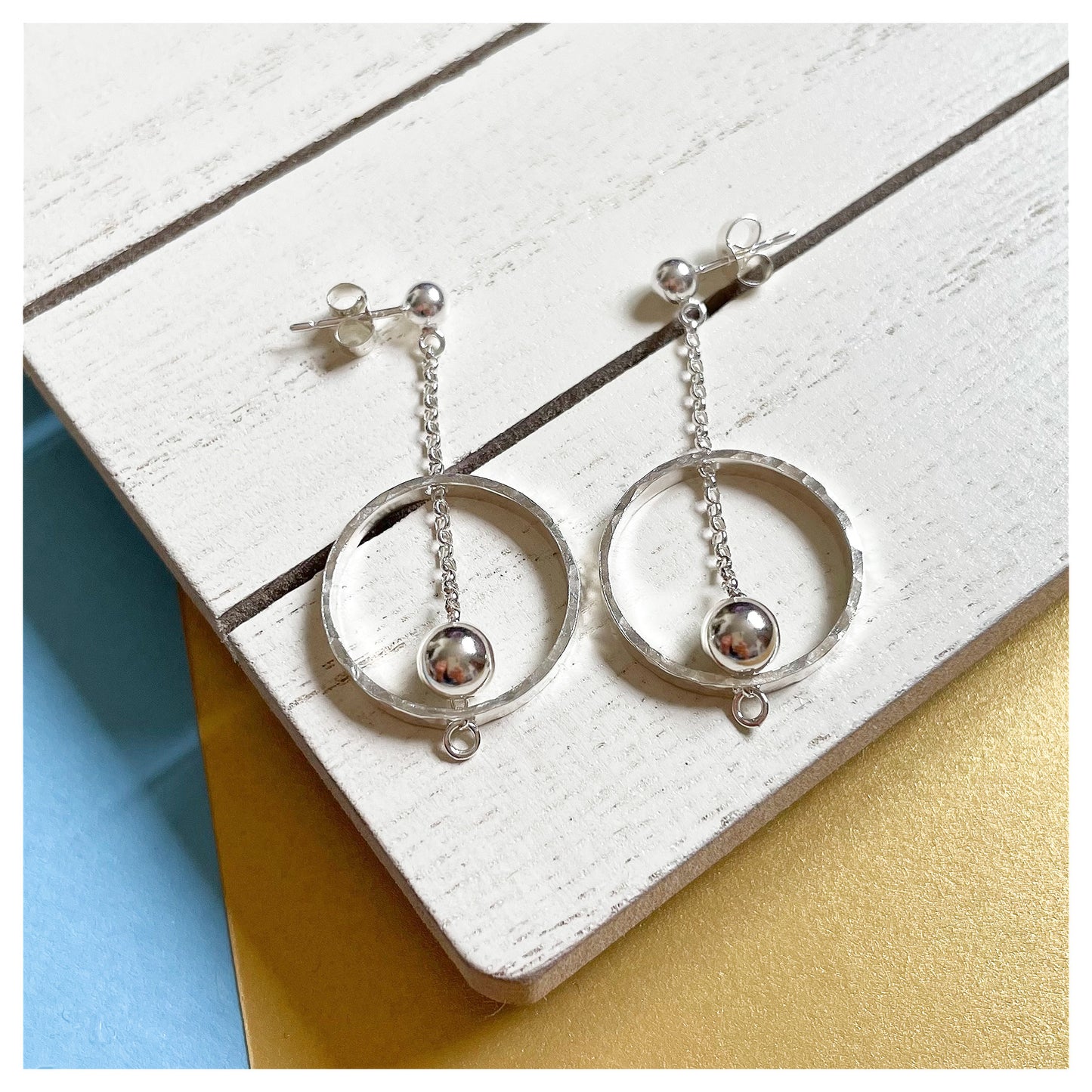Sterling Silver Circular Chain Drop Earrrings with Bead