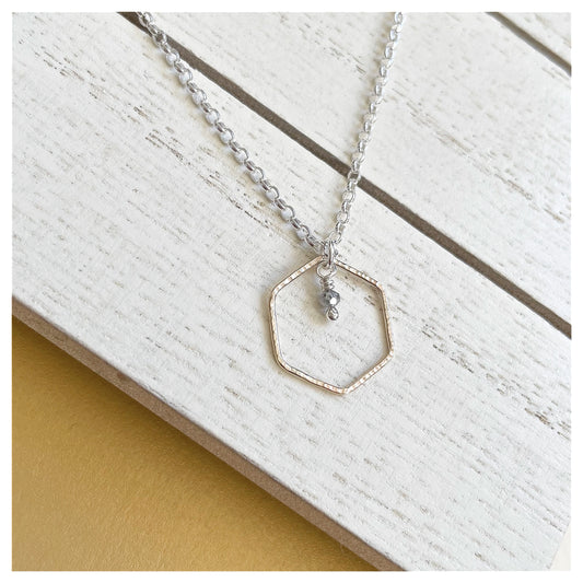 Mini 9ct Yellow Gold Hammered Hexagon, Sterling Silver and  Dark Grey Diamond Bead Necklace.