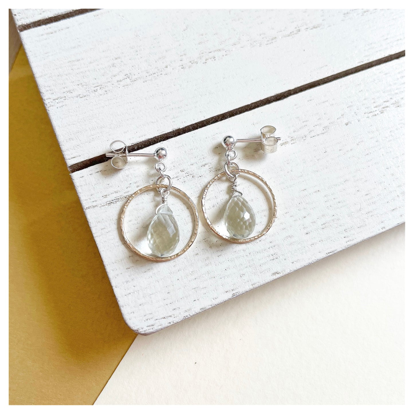 Mini 9ct Yellow Gold Hammered Circle, Sterling Silver and Green Amethyst Drop earrings