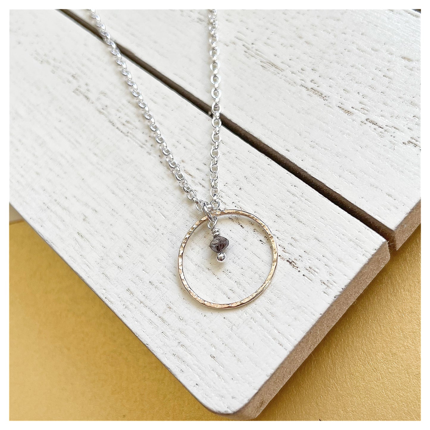 Mini 9ct Yellow Gold Hammered circle, Sterling Silver and Dark Grey Diamond Bead Necklace.